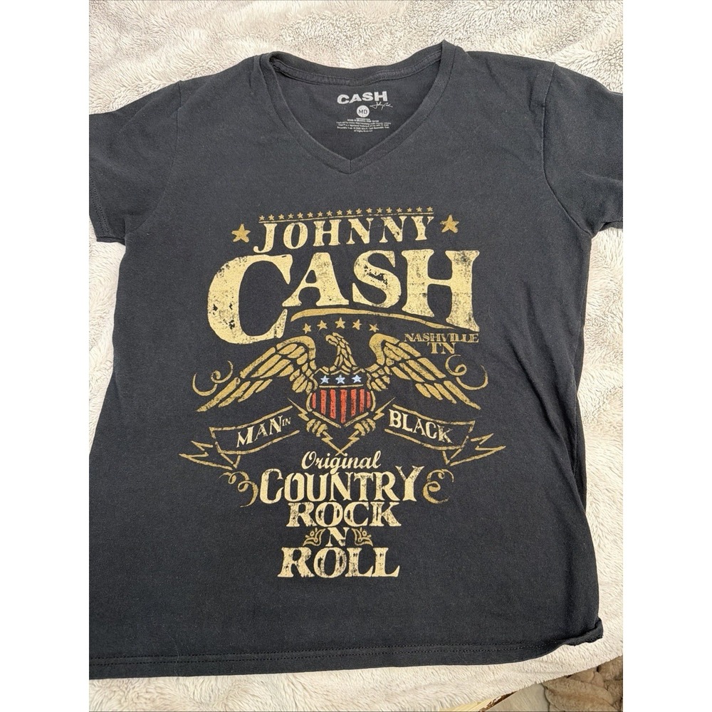 Johnny Cash Original Country Rock n' Roll Black V Neck Women's Sz M T-shirt